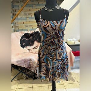 Urban Outfitters Brown and Blue Spiral-Print Mini Slip Dress